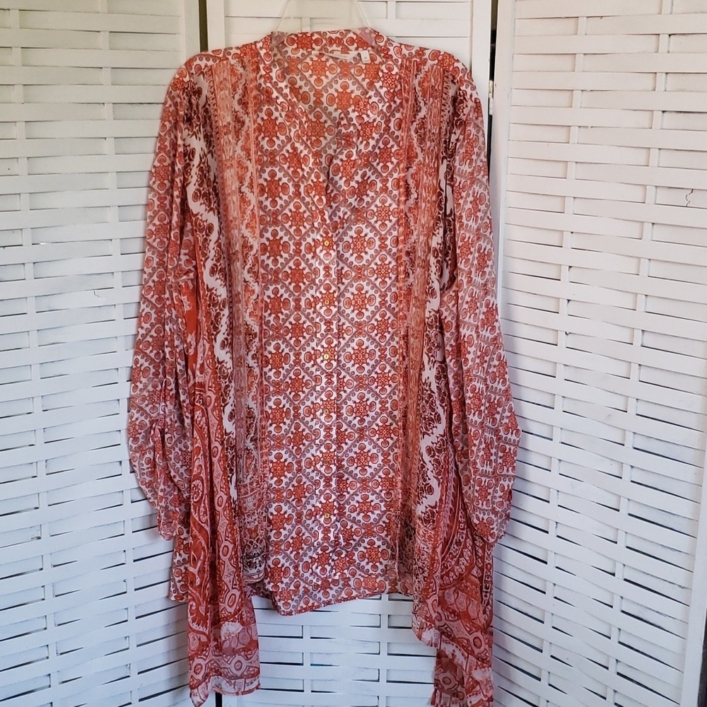 Soft Surroundings burnt orange button down wide long sleeve with overlay kimono